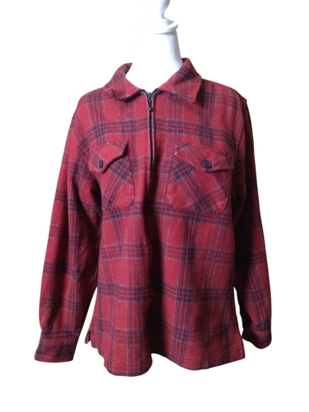 WOOLRICH Women's Large Ruby Red & Black Plaid Wool Blend Zip Front Shirt Jacket